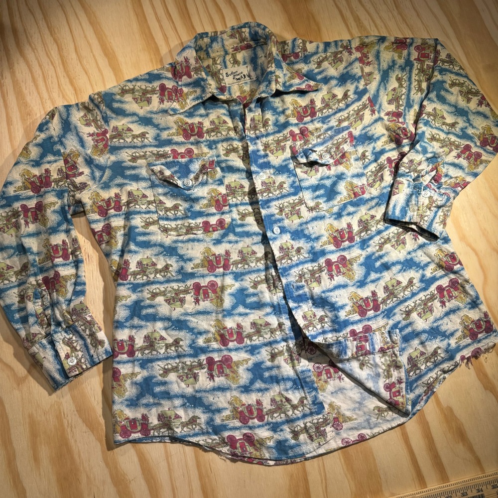 Sutton Place Men's Vintage Carriage Print Long Sleeve Button Down Shirt Blue L